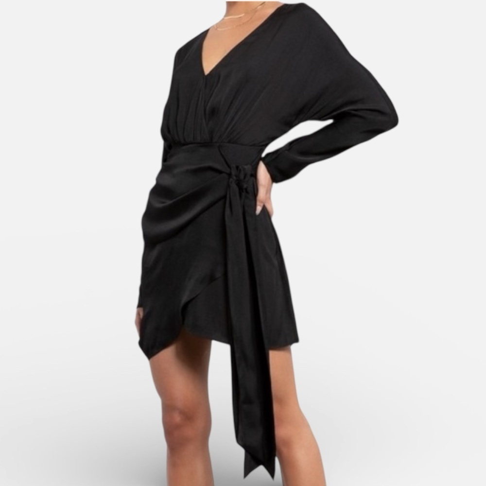 Tart Isono Poly Silk Wrap Mini Dress Long Sleeve Elegant Black Medium NWT